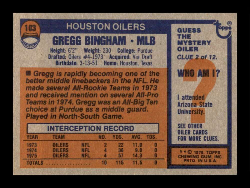 Load image into Gallery viewer, 1976 Topps Gregg Bingham #103 Rookie RC Set Break Houston Oilers Image 2
