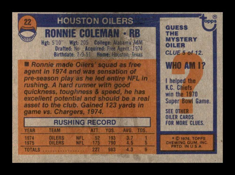 Load image into Gallery viewer, 1976 Topps Ronnie Coleman #22 Rookie RC Set Break Houston Oilers Image 2
