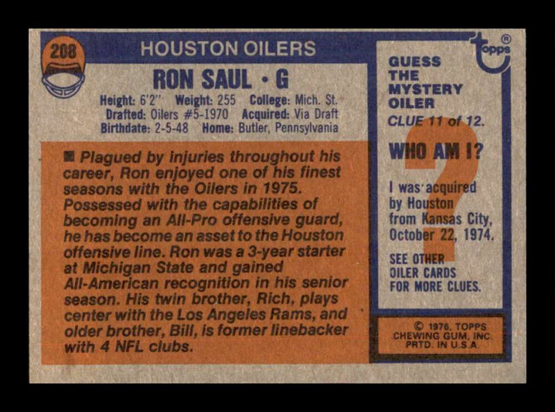 Load image into Gallery viewer, 1976 Topps Ron Saul #208 Set Break Houston Oilers Image 2
