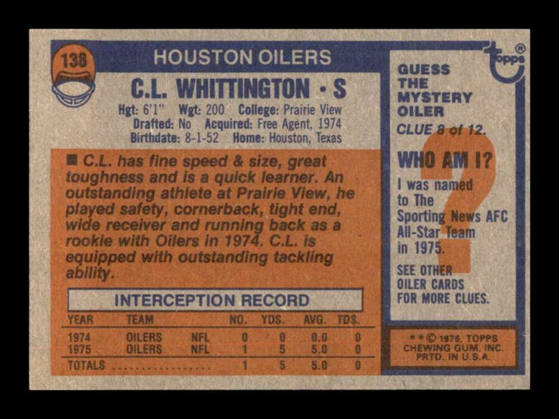 Load image into Gallery viewer, 1976 Topps C.L. Whittington #138 Rookie RC Set Break Houston Oilers Image 2
