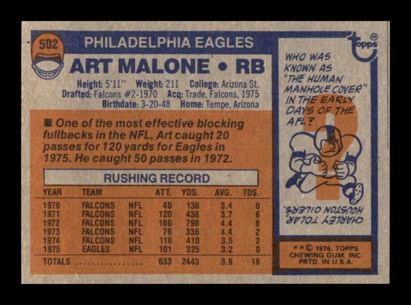 Load image into Gallery viewer, 1976 Topps Art Malone #502 Set Break Philadelphia Eagles Image 2
