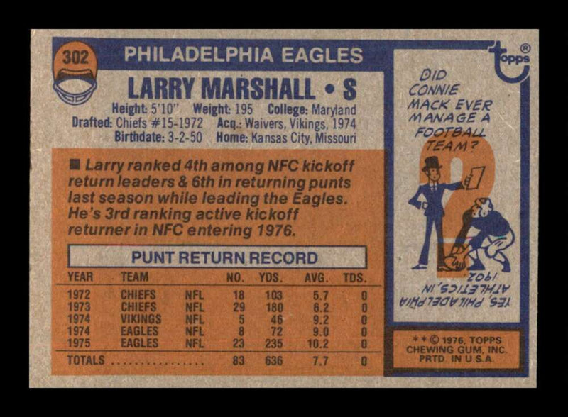 Load image into Gallery viewer, 1976 Topps Larry Marshall #302 Rookie RC Set Break Philadelphia Eagles Image 2
