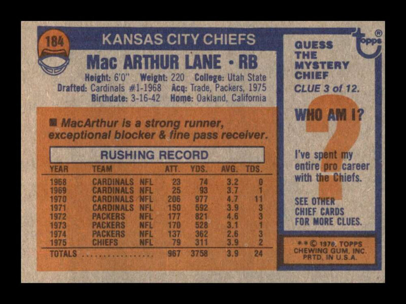 Load image into Gallery viewer, 1976 Topps MacArthur Lane #184 Set Break Kansas City Chiefs Image 2
