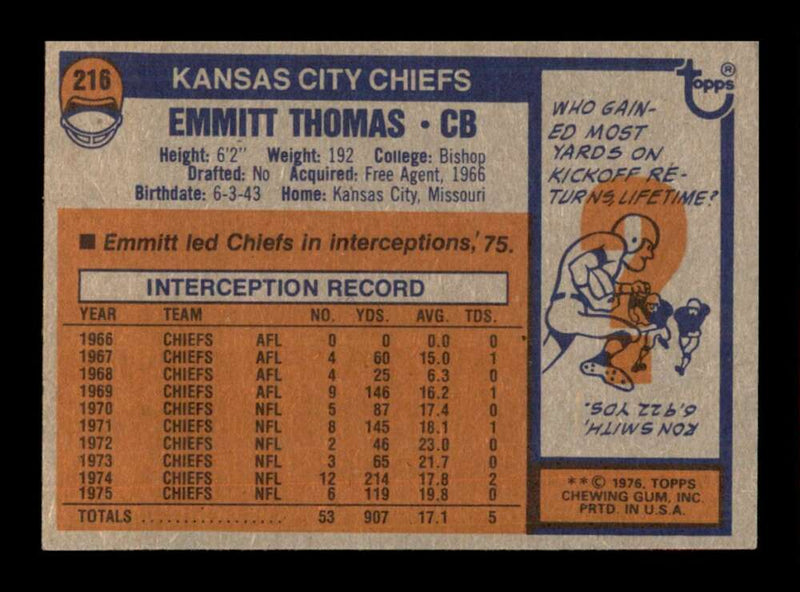 Load image into Gallery viewer, 1976 Topps Emmitt Thomas #216 Set Break Kansas City Chiefs Image 2

