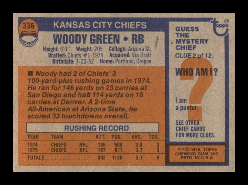 Load image into Gallery viewer, 1976 Topps Woody Green #336 Rookie RC Set Break Kansas City Chiefs Image 2
