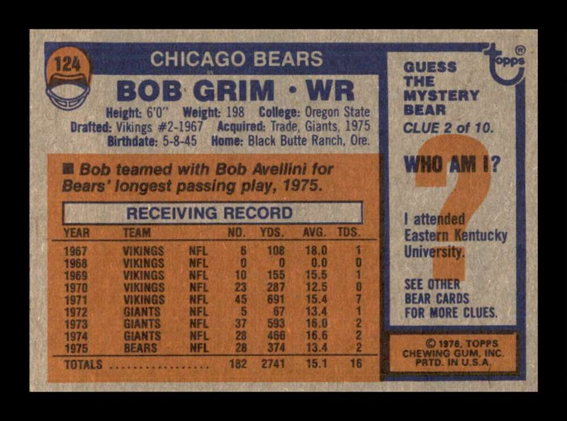 Load image into Gallery viewer, 1976 Topps Bob Grim #124 Set Break Chicago Bears Image 2
