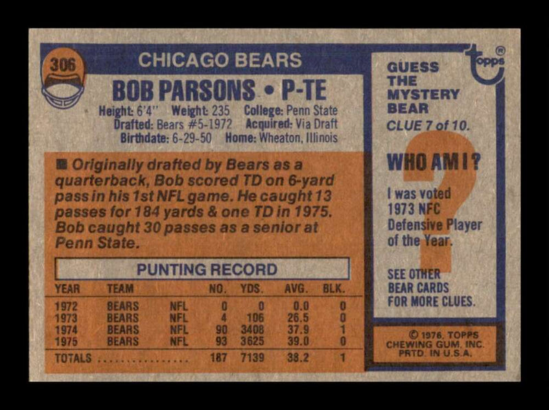 Load image into Gallery viewer, 1976 Topps Bob Parsons #306 Rookie RC Set Break Chicago Bears Image 2
