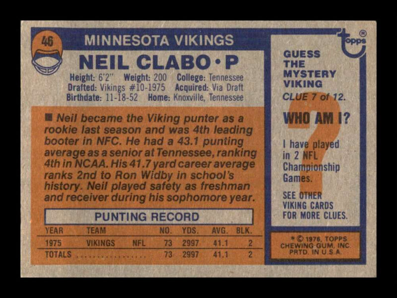 Load image into Gallery viewer, 1976 Topps Neil Clabo #46 Rookie RC Set Break Minnesota Vikings Image 2
