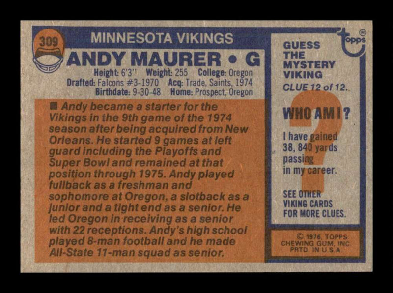 Load image into Gallery viewer, 1976 Topps Andy Maurer #309 Set Break Minnesota Vikings Image 2
