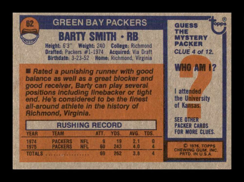 Load image into Gallery viewer, 1976 Topps Barty Smith #62 Rookie RC Set Break Green Bay Packers Image 2
