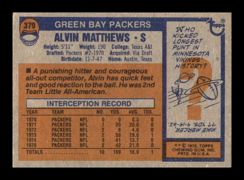 Load image into Gallery viewer, 1976 Topps Al Matthews #379 Set Break Green Bay Packers Image 2
