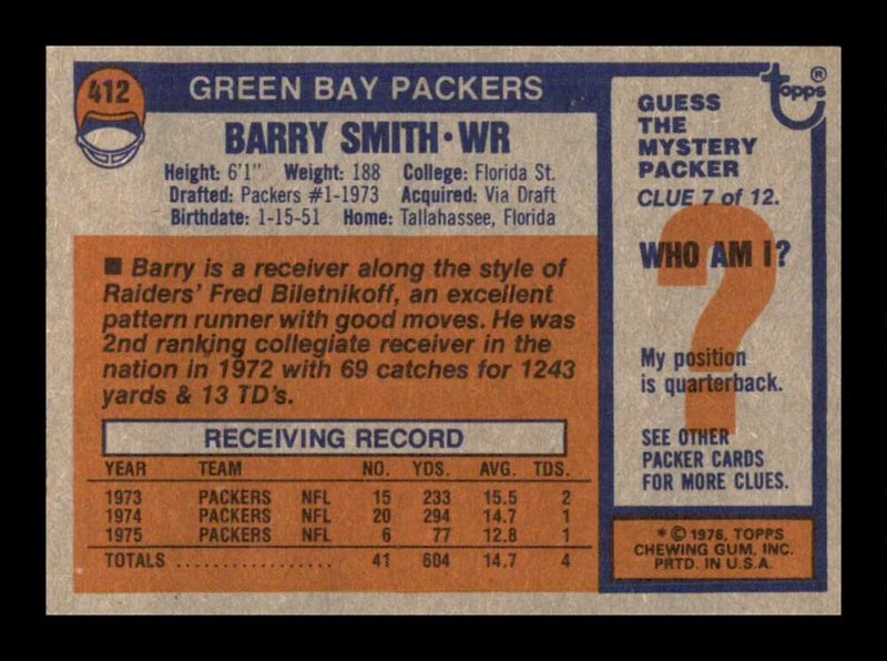 Load image into Gallery viewer, 1976 Topps Barry Smith #412 Set Break Green Bay Packers Image 2
