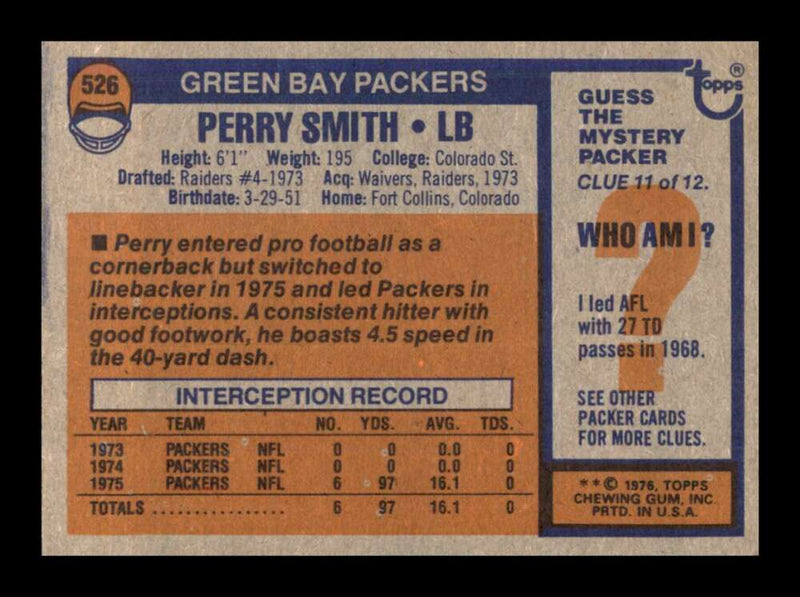 Load image into Gallery viewer, 1976 Topps Perry Smith #526 Set Break Green Bay Packers Image 2
