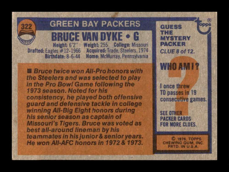 Load image into Gallery viewer, 1976 Topps Bruce Van Dyke #322 Set Break Green Bay Packers Image 2
