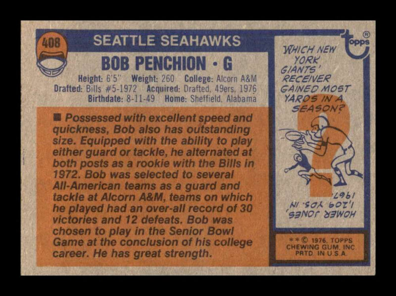 Load image into Gallery viewer, 1976 Topps Bob Penchion #408 Set Break Seattle Seahawks Image 2
