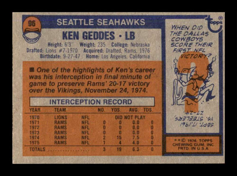 Load image into Gallery viewer, 1976 Topps Ken Geddes #96 Rookie RC Set Break Seattle Seahawks Image 2
