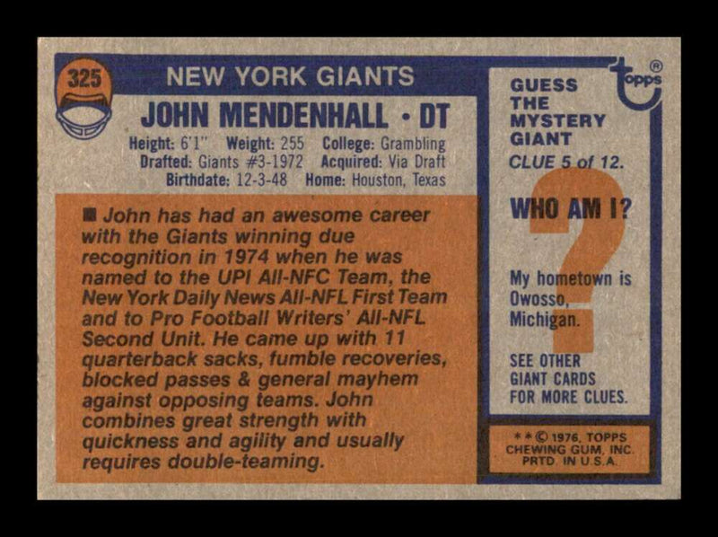 Load image into Gallery viewer, 1976 Topps John Mendenhall #325 Set Break New York Giants Image 2
