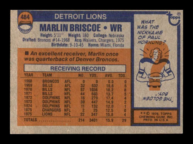 Load image into Gallery viewer, 1976 Topps Marlin Briscoe #484 Set Break Detroit Lions Image 2
