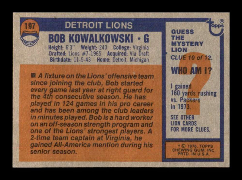 Load image into Gallery viewer, 1976 Topps Bob Kowalkowski #197 Set Break Detroit Lions Image 2
