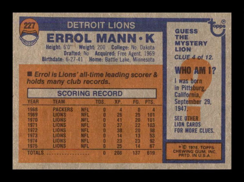 Load image into Gallery viewer, 1976 Topps Errol Mann #227 Set Break Detroit Lions Image 2
