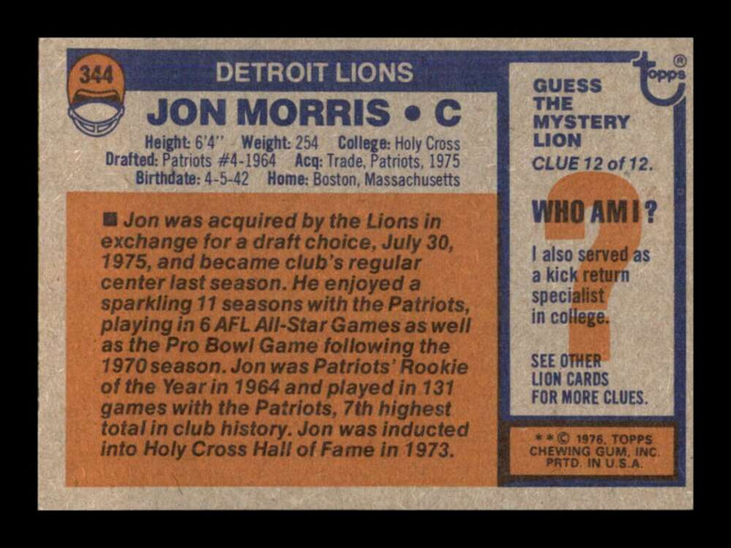 Load image into Gallery viewer, 1976 Topps Jon Morris #344 Set Break Detroit Lions Image 2
