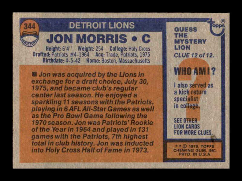 Load image into Gallery viewer, 1976 Topps Jon Morris #344 Set Break Detroit Lions Image 2
