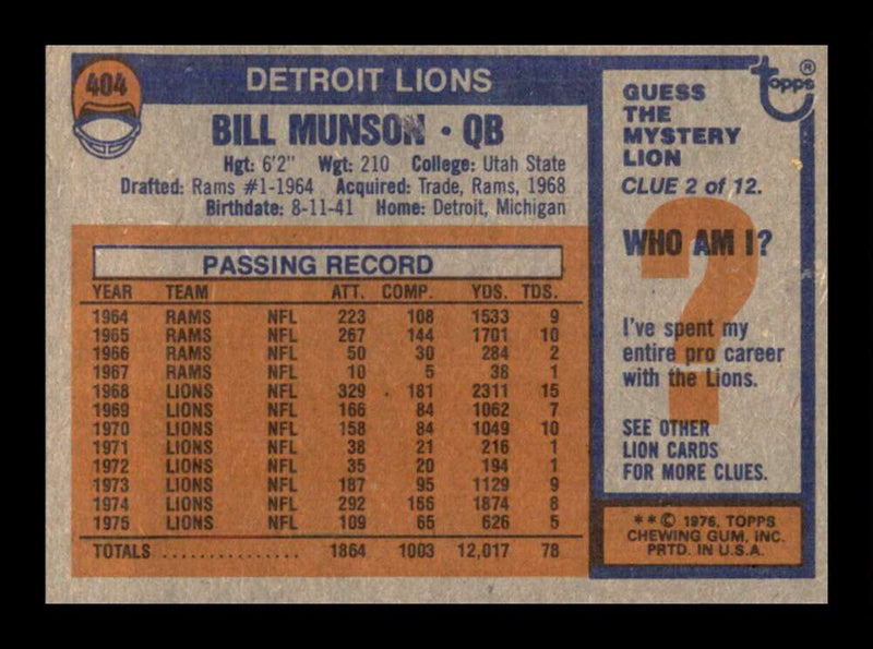 Load image into Gallery viewer, 1976 Topps Bill Munson #404 Set Break Detroit Lions Image 2
