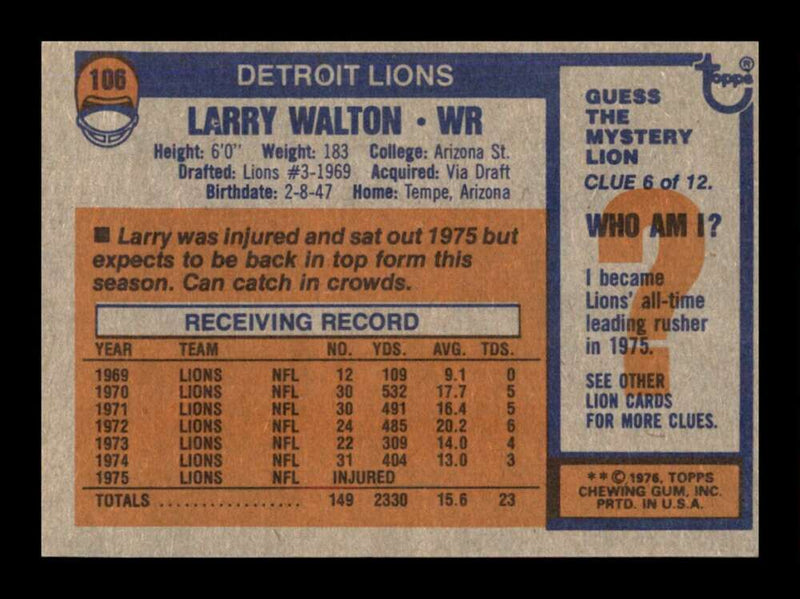 Load image into Gallery viewer, 1976 Topps Larry Walton #106 Set Break Detroit Lions Image 2
