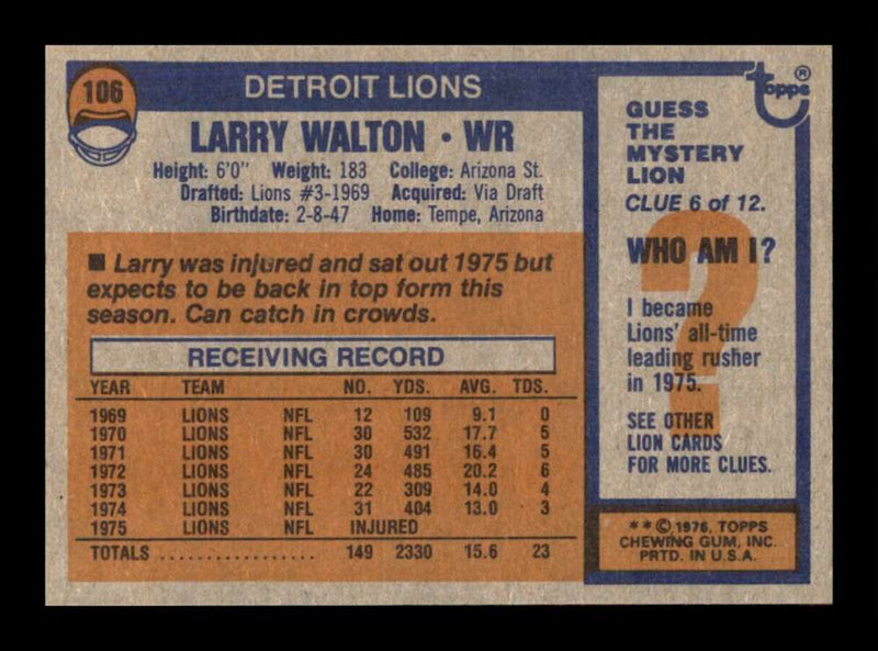 Load image into Gallery viewer, 1976 Topps Larry Walton #106 Set Break Detroit Lions Image 2
