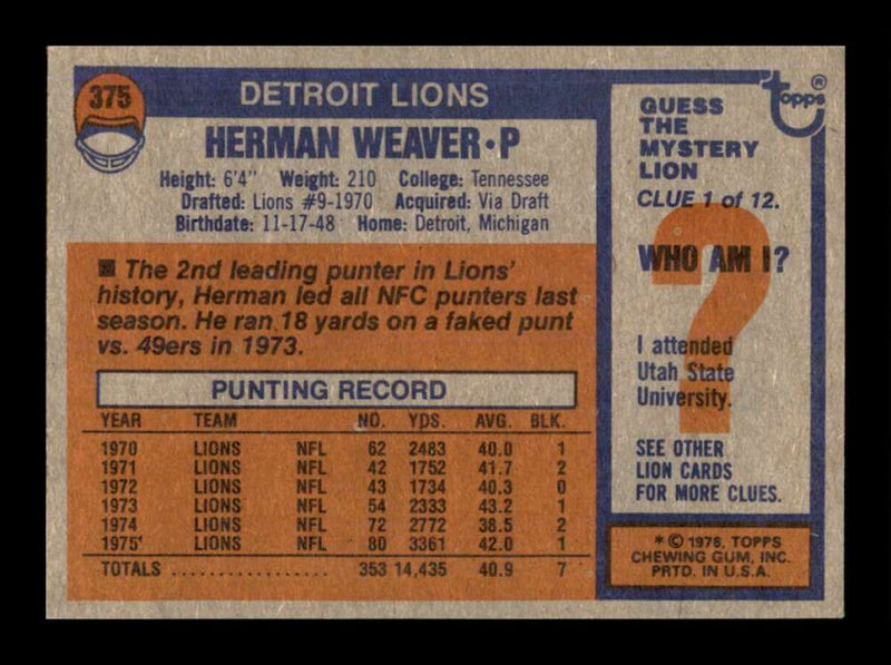 Load image into Gallery viewer, 1976 Topps Herman Weaver #375 Set Break Detroit Lions Image 2
