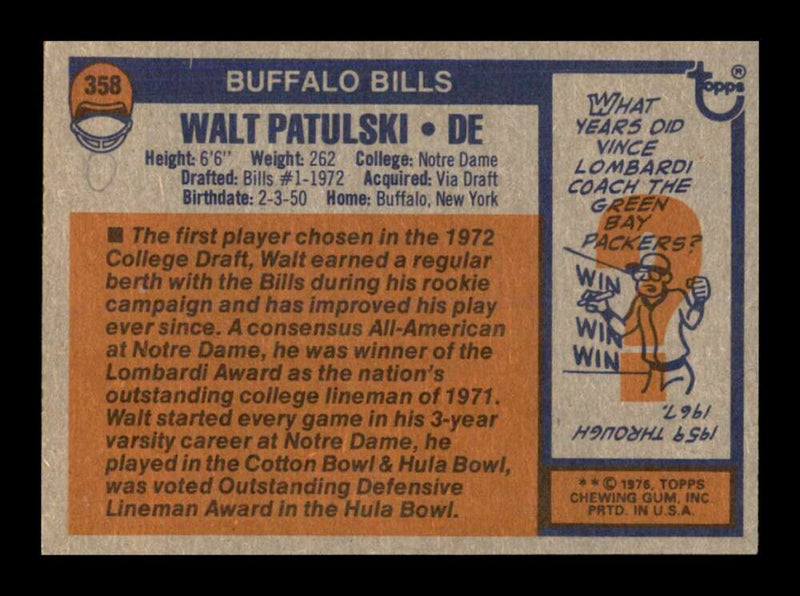 Load image into Gallery viewer, 1976 Topps Walt Patulski #358 Set Break Buffalo Bills Image 2
