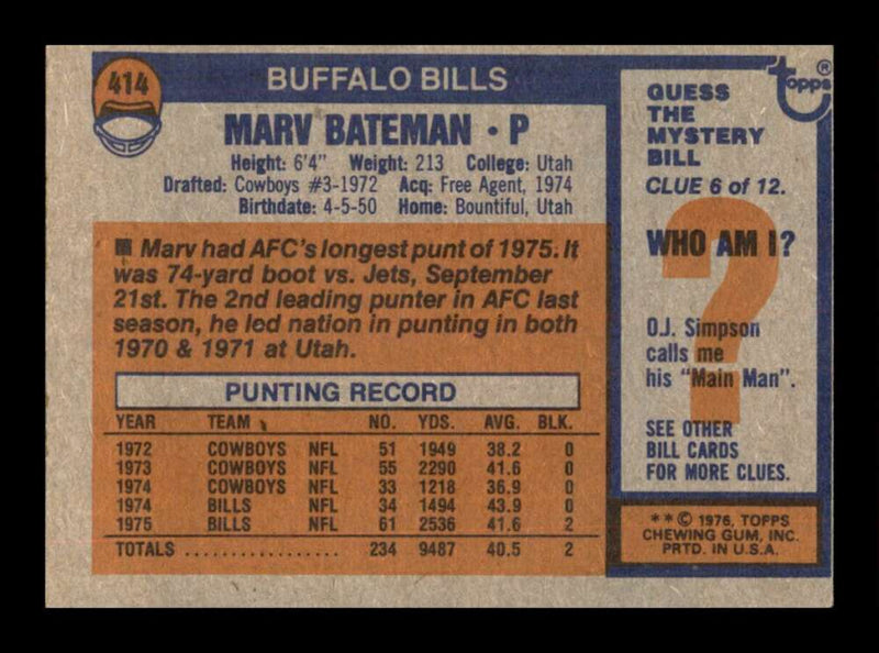 Load image into Gallery viewer, 1976 Topps Marv Bateman #414 Set Break Buffalo Bills Image 2
