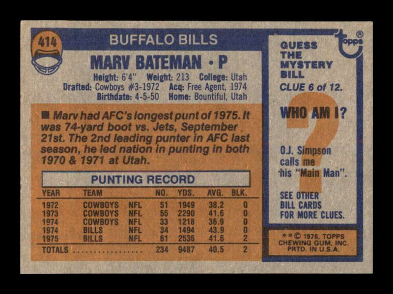 Load image into Gallery viewer, 1976 Topps Marv Bateman #414 Set Break Buffalo Bills Image 2
