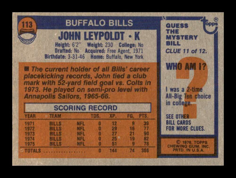 Load image into Gallery viewer, 1976 Topps John Leypoldt #113 Set Break Buffalo Bills Image 2
