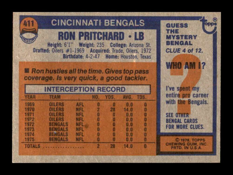 Load image into Gallery viewer, 1976 Topps Ron Pritchard #411 Set Break Cincinnati Bengals Image 2
