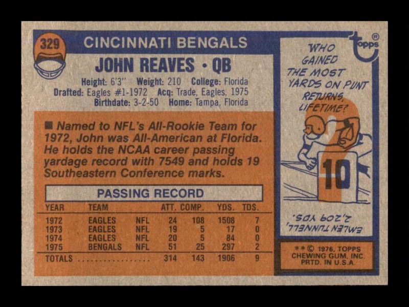 Load image into Gallery viewer, 1976 Topps John Reaves #329 Set Break Cincinnati Bengals Image 2
