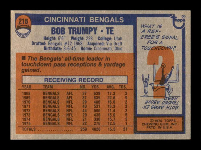 Load image into Gallery viewer, 1976 Topps Bob Trumpy #215 Set Break Cincinnati Bengals Image 2
