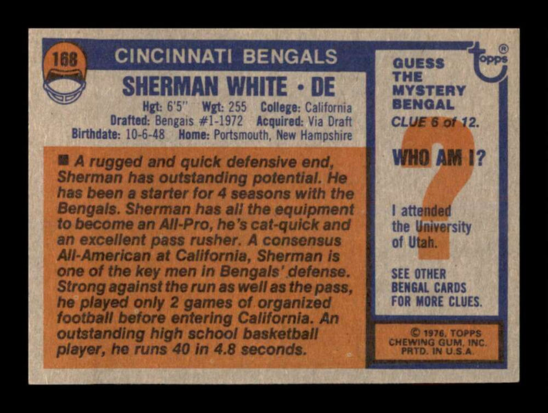 Load image into Gallery viewer, 1976 Topps Sherman White #168 Set Break Cincinnati Bengals Image 2
