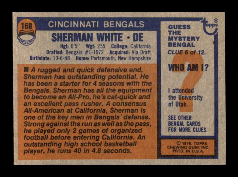 Load image into Gallery viewer, 1976 Topps Sherman White #168 Set Break Cincinnati Bengals Image 2
