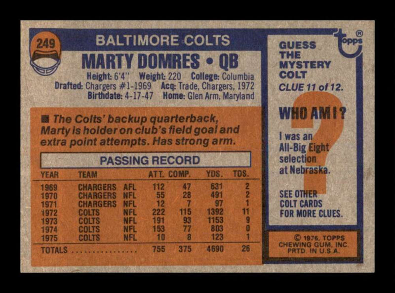 Load image into Gallery viewer, 1976 Topps Marty Domres #249 Set Break Baltimore Colts Image 2
