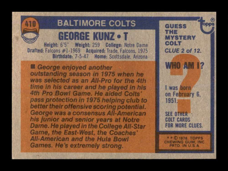 Load image into Gallery viewer, 1976 Topps George Kunz #410 Set Break Baltimore Colts Image 2
