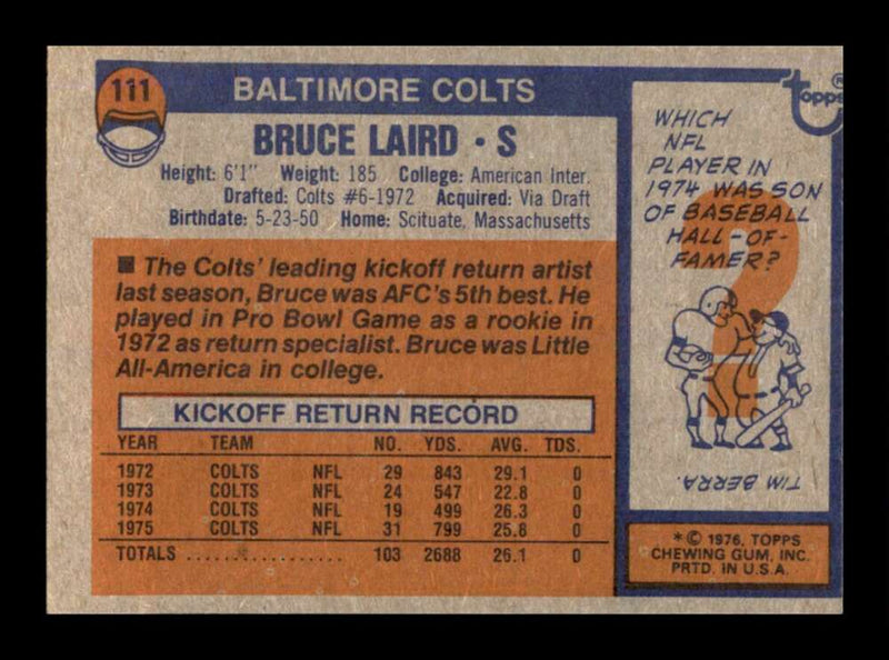 Load image into Gallery viewer, 1976 Topps Bruce Laird #111 Set Break Baltimore Colts Image 2
