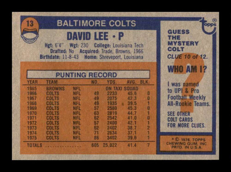 Load image into Gallery viewer, 1976 Topps David Lee #13 Set Break Baltimore Colts Image 2
