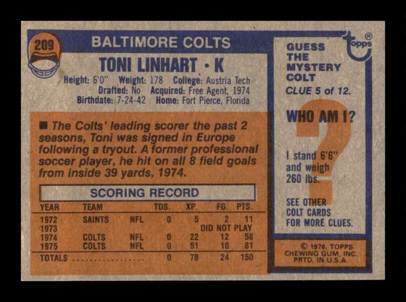 Load image into Gallery viewer, 1976 Topps Toni Linhart #209 Set Break Baltimore Colts Image 2
