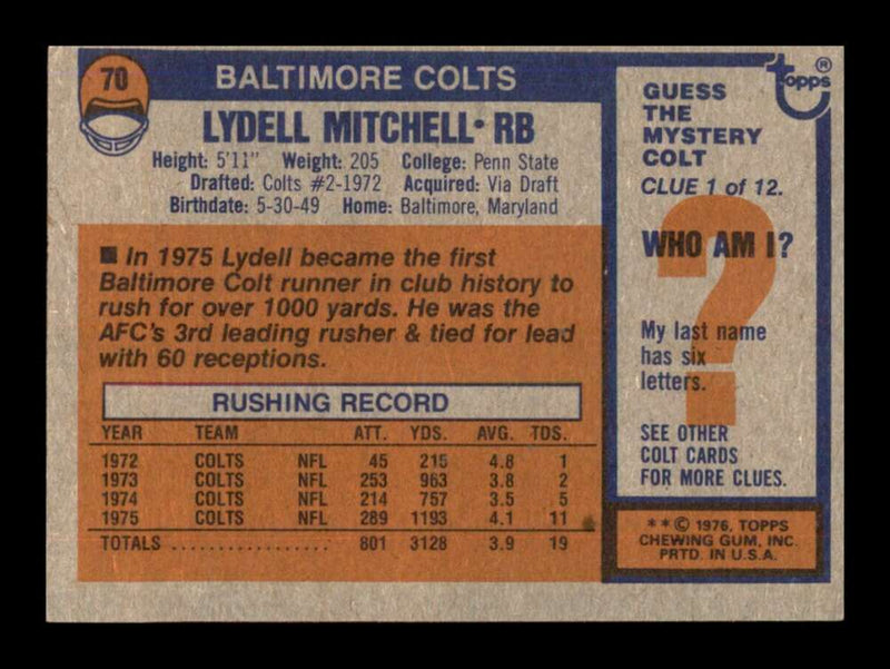 Load image into Gallery viewer, 1976 Topps Lydell Mitchell #70 Set Break Baltimore Colts Image 2
