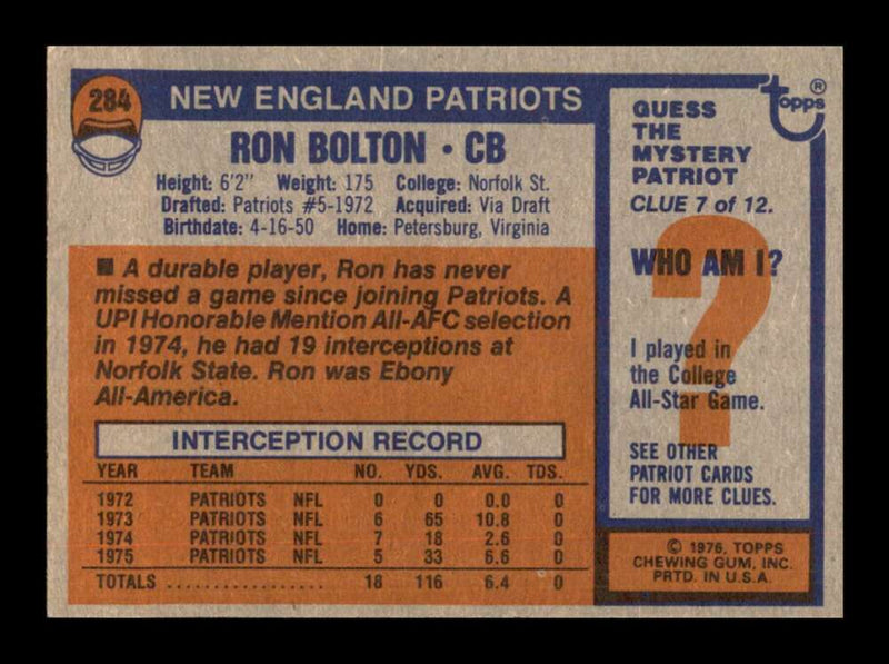 Load image into Gallery viewer, 1976 Topps Ron Bolton #284 Set Break New England Patriots Image 2
