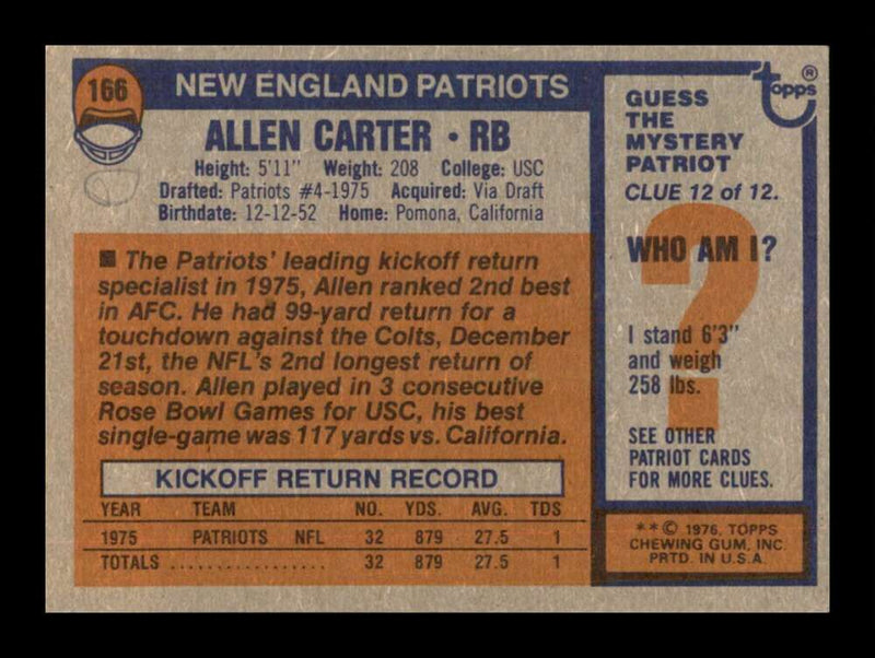 Load image into Gallery viewer, 1976 Topps Allen Carter #166 Rookie RC Set Break New England Patriots Image 2
