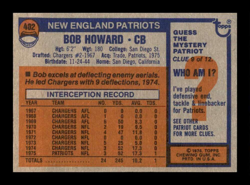 Load image into Gallery viewer, 1976 Topps Bob Howard #402 Set Break New England Patriots Image 2
