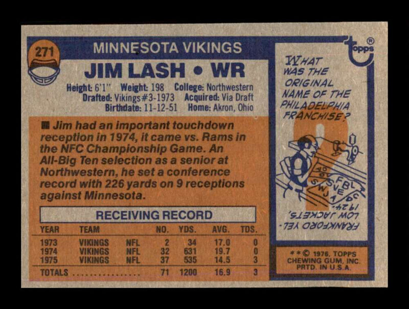 Load image into Gallery viewer, 1976 Topps Jim Lash #271 Rookie RC Set Break Minnesota Vikings Image 2
