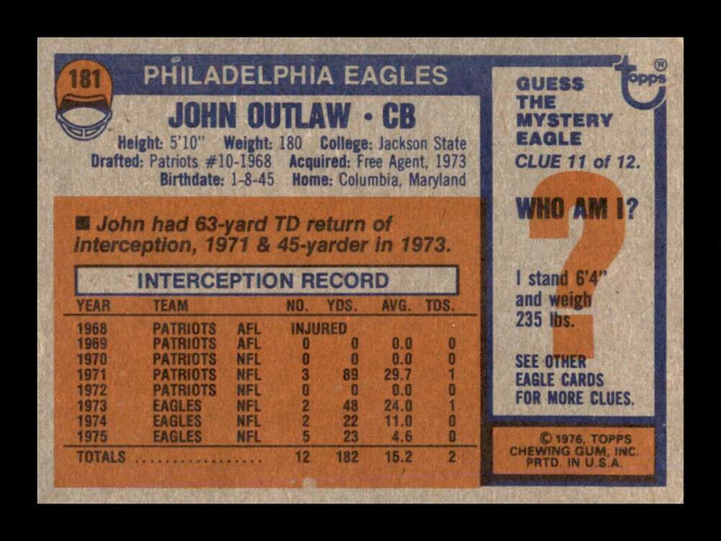 Load image into Gallery viewer, 1976 Topps John Outlaw #181 Set Break Philadelphia Eagles Image 2
